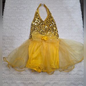 Curtain Call Yellow Sequin Dance Costume | Halter Tutu | Size CSM